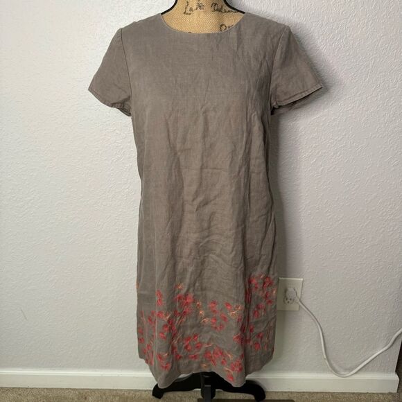 Boden Linen Dress Grey Size 10R Floral Embroidery Short Sleeve Knee Length Lined - Picture 1 of 9